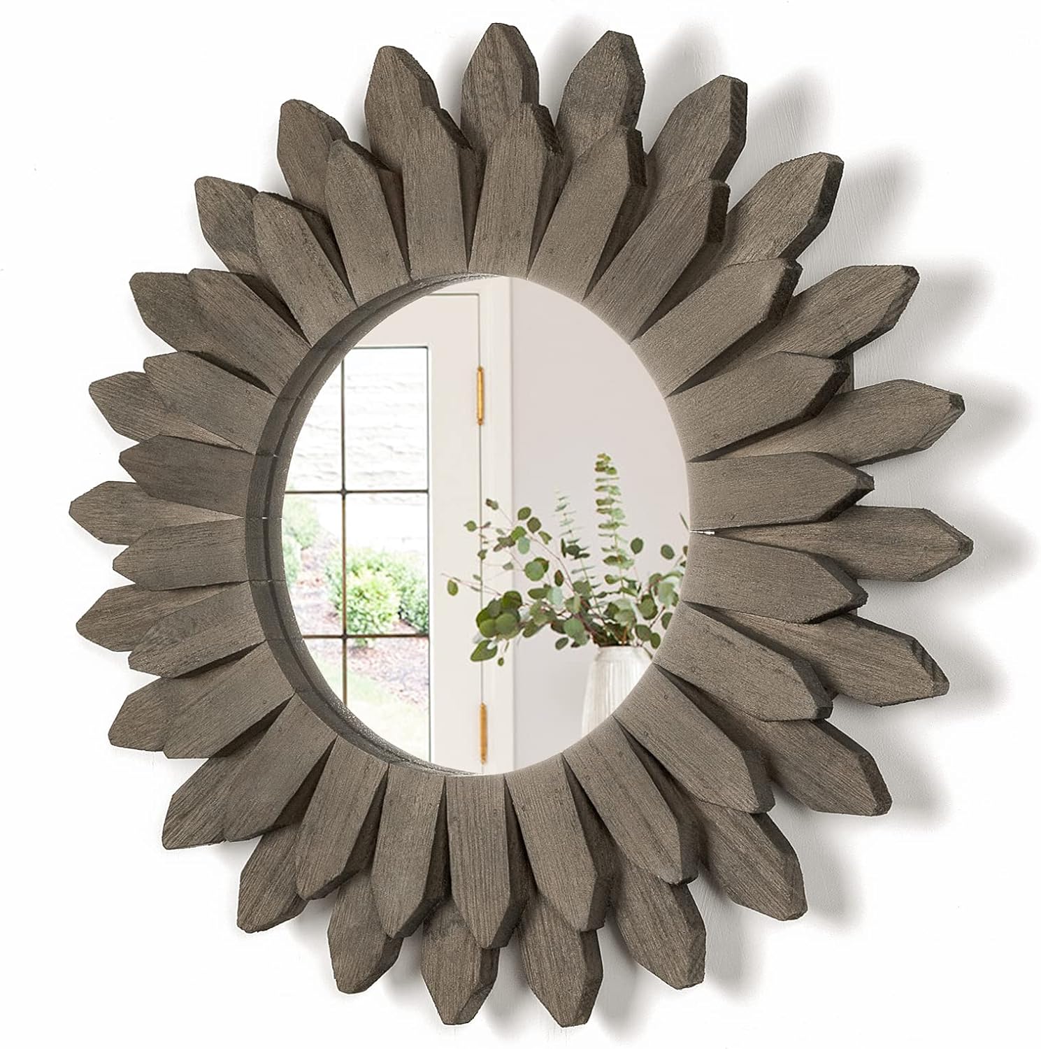 Honiway Farmhouse Wall Decor Mirror 12 inch Sunburst Boho Wood Mirror Rustic Home Decor Room