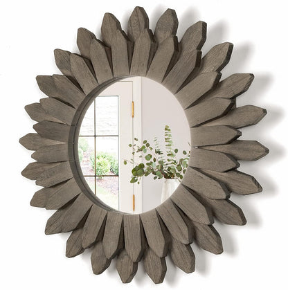 Honiway Farmhouse Wall Decor Mirror 12 inch Sunburst Boho Wood Mirror Rustic Home Decor Room
