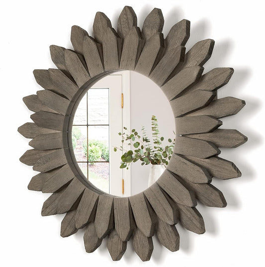 Honiway Farmhouse Wall Decor Mirror 12 inch Sunburst Boho Wood Mirror Rustic Home Decor Room