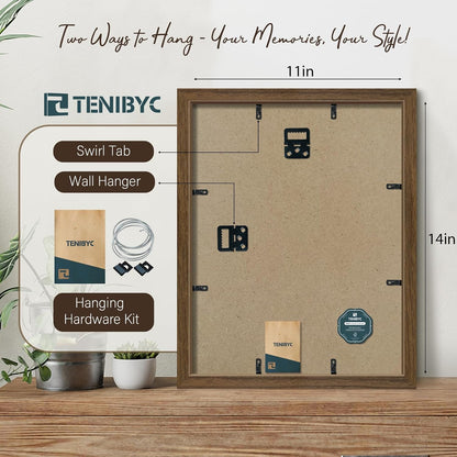 11x14 Picture Frame Set - 3 Pack, Brown Woodgrain, Wood Photo Frame, HD Tempered Glass, Wall