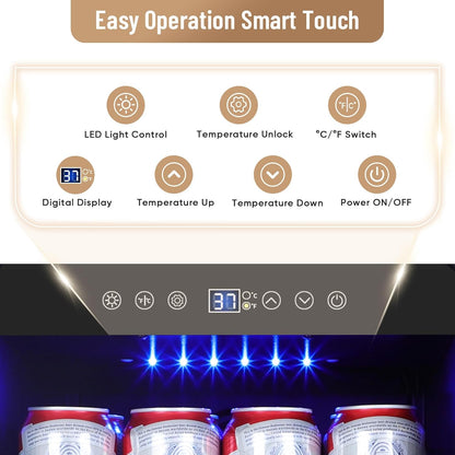 15 Inch Beverage Refrigerator, 130 Can Capacity Under Counter Fridge with Lock & Glass Door, Quiet