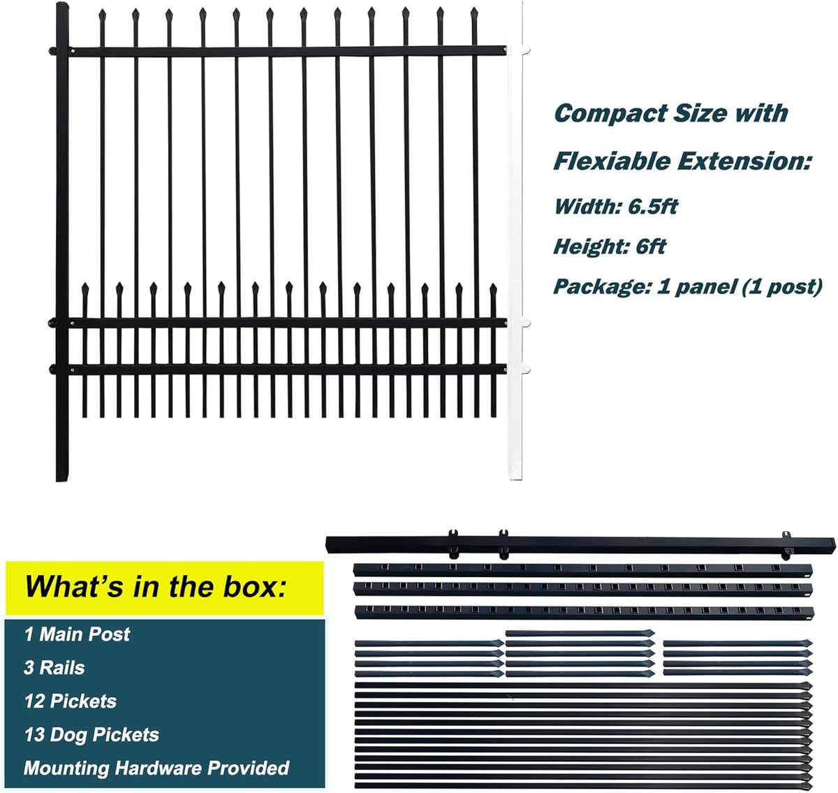 Metal Fence Panels with Dog Pickets, 6ft H x 6.5ft W Galvanized Steel Fence DIY Installation for