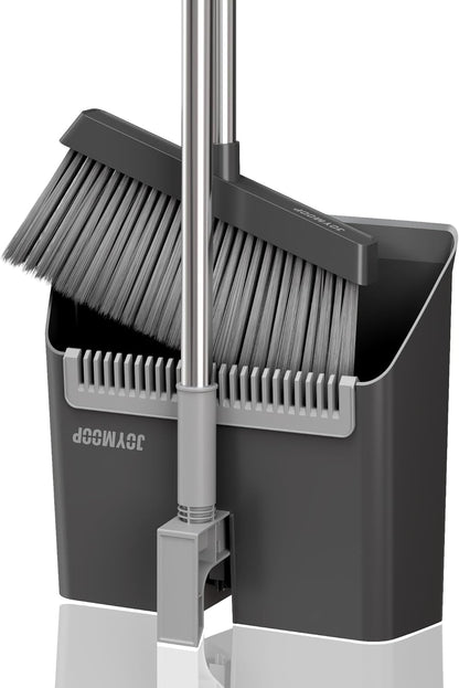 JOYMOOP Black Broom and Dustpan Set, Upright Angle Design with Built-in Comb Teeth for Home