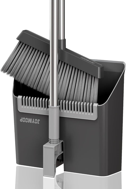JOYMOOP Black Broom and Dustpan Set, Upright Angle Design with Built-in Comb Teeth for Home