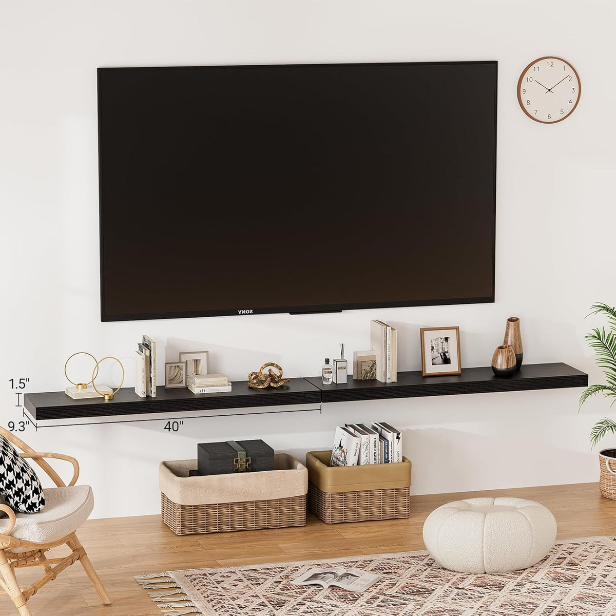 Heimlove 40 Inches Floating Shelves for Wall,9.3" Deep Black Long Floating Shelves Set of 2,Large