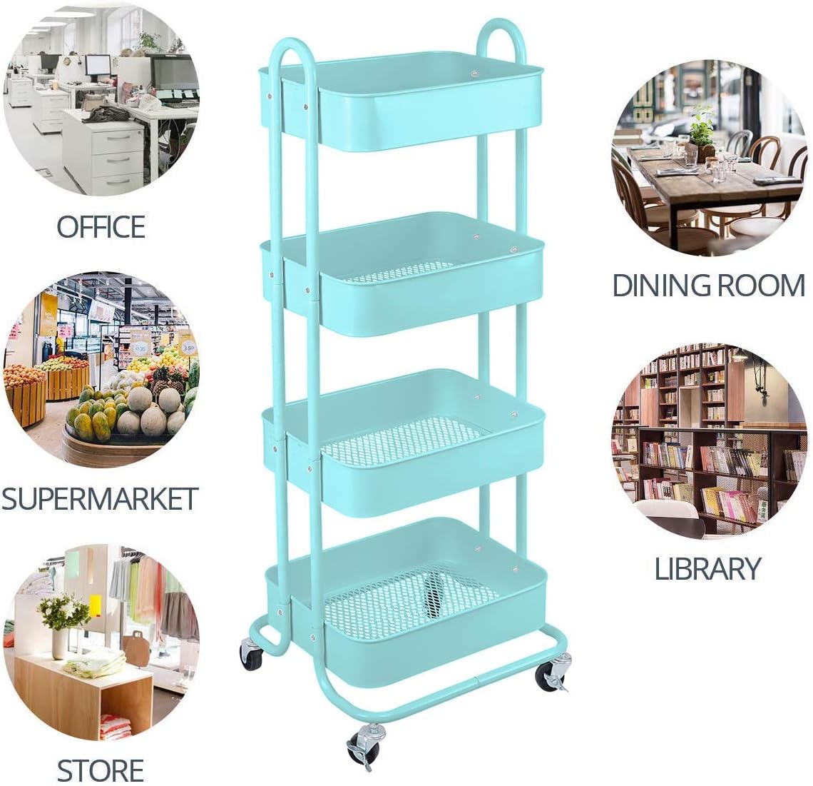 Melody House 4-Tier Metal Mesh Utility Rolling Cart Storage Organizer Shelf Rack with Lockable