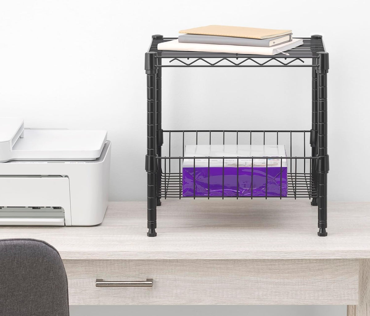 Whitmor 2 Tier Metal Storage Shelves, Heavy Duty Shelf with Basket, 350 lbs Capacity per Shelf, 700
