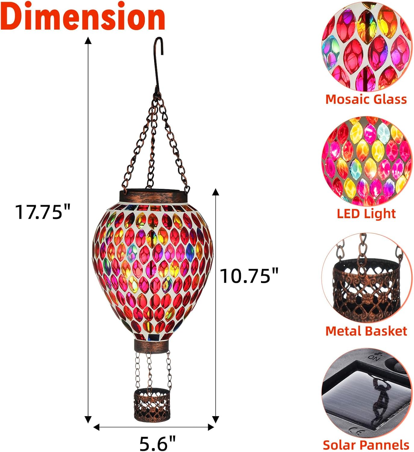 VOREEN Hot Air Balloon Solar Lantern, Mosaic Solar Outdoor Hanging Wind Light, Waterproof, Patio