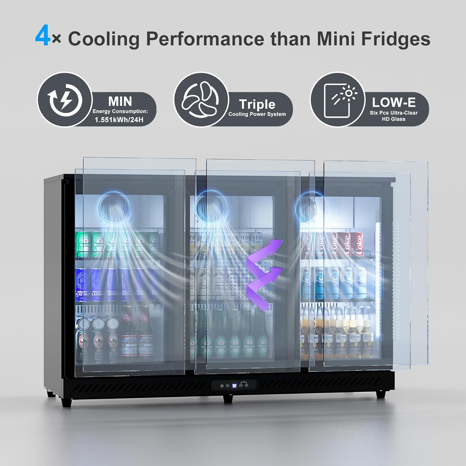 COTLIN 12.45 Cu.Ft Back Bar Beverage Cooler with Low-E Glass Auto Defrost ??3 Door Commercial Under