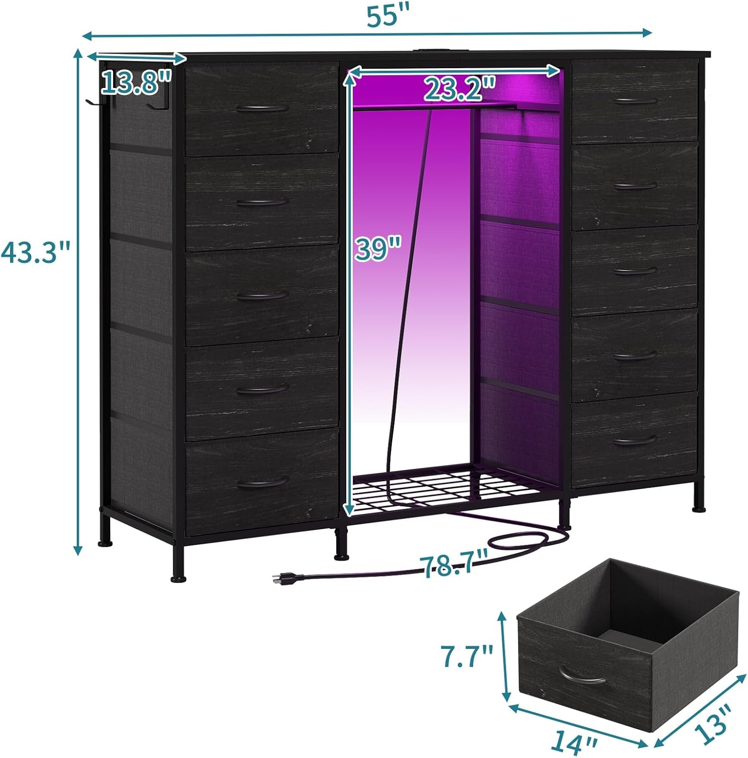 LUMTOK 55" W 2-in-1 Dresser with Hanging Rack, 10 Drawers Dresser for Bedroom,Dressers with Fabric