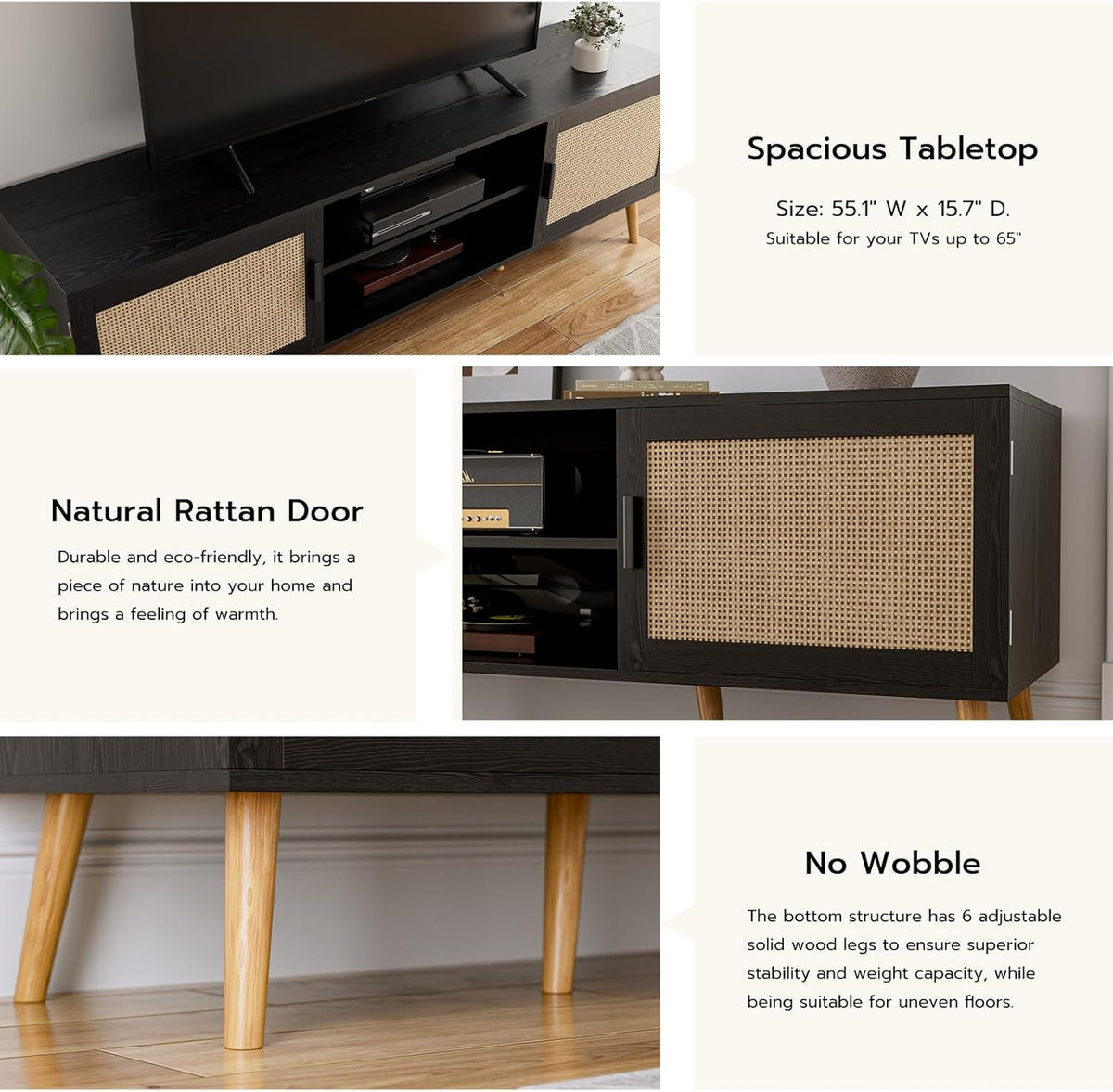 TV Stand for TVs up to 65'', Entertainment Center with Rattan Door, Shelves & 2 Cabinets, Boho