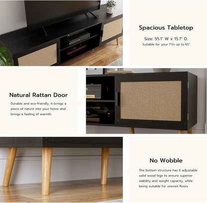 TV Stand for TVs up to 65'', Entertainment Center with Rattan Door, Shelves & 2 Cabinets, Boho