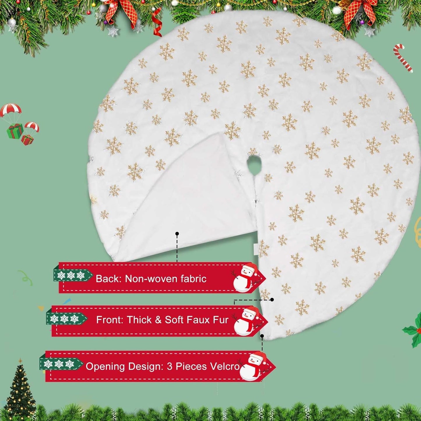 Christmas Tree Skirt, 48 Inch White Luxury Faux Fur & Gold Sequin Snowflakes, 4ft Xmas Tree Skirt