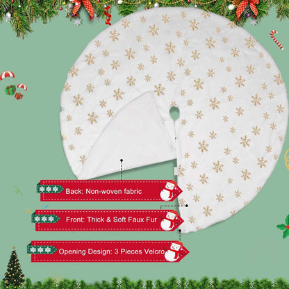 Christmas Tree Skirt, 48 Inch White Luxury Faux Fur & Gold Sequin Snowflakes, 4ft Xmas Tree Skirt