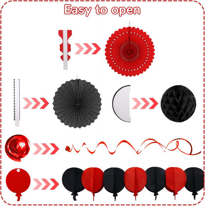 Black Red Party Decorations, Easy Assembly Paper Fan Honeycomb Ball Garland Hanging Swirl