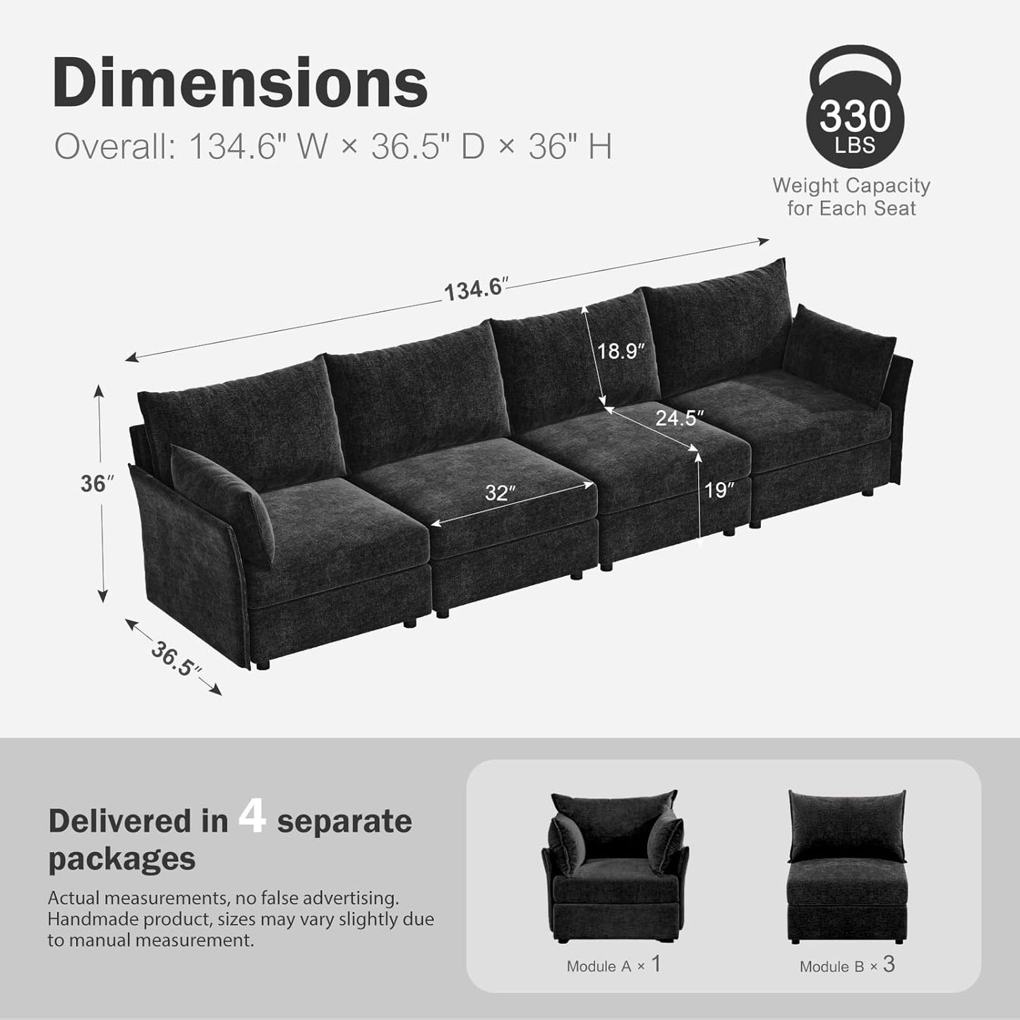 134.6" Modular Sectional Sofa, Oversized 4 Seater Couch with Removable Black Chenille Fabric Cover