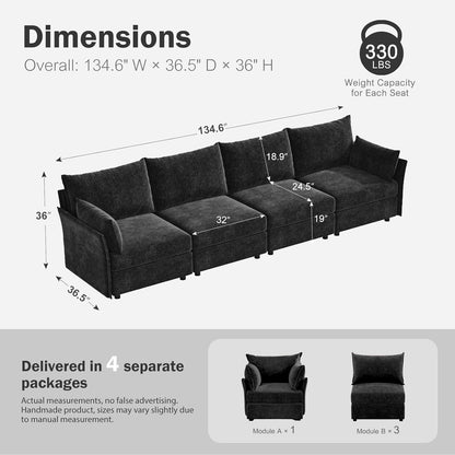 134.6" Modular Sectional Sofa, Oversized 4 Seater Couch with Removable Black Chenille Fabric Cover