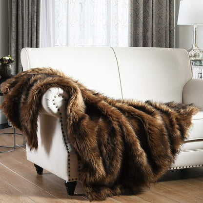 Luxury Plush Faux Fur Throw Blanket, Long Pile Brown with Black Tipped Blanket, Super Warm, Fuzzy