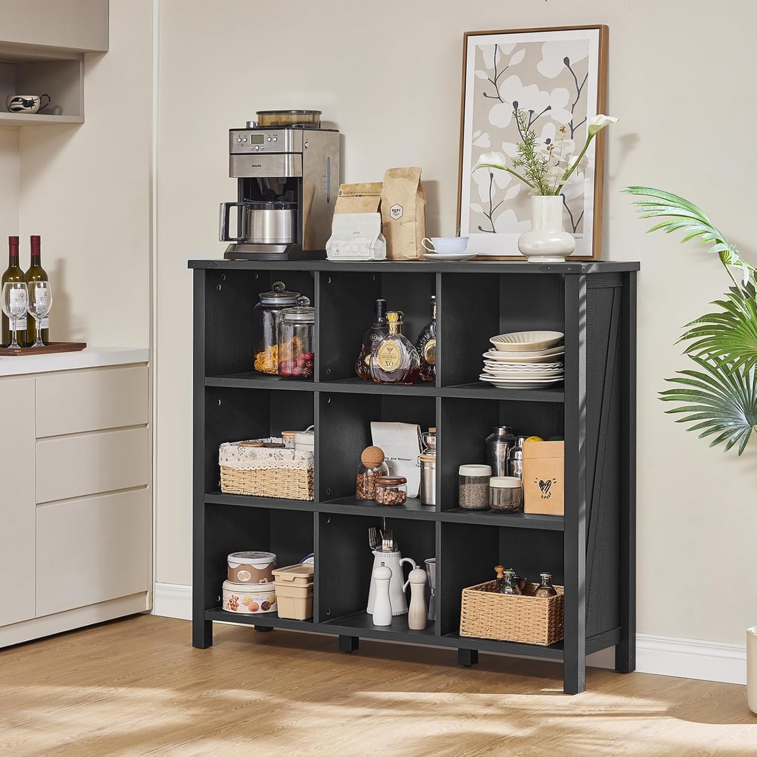 9 Cube Bookcase, Farmhouse 47 Inch Wide Black Bookshelf, Wooden 3 Tier Display Large Open Book
