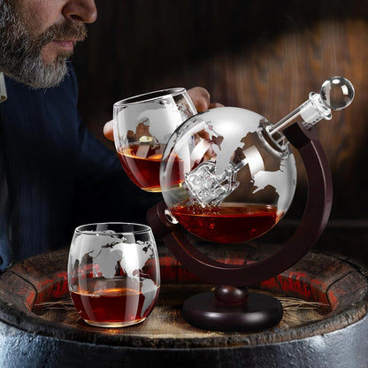 Whiskey Decanter Sets for Men, Whiskey Decanter Globe Set with 2 Etched Globe Whisky Glasses for
