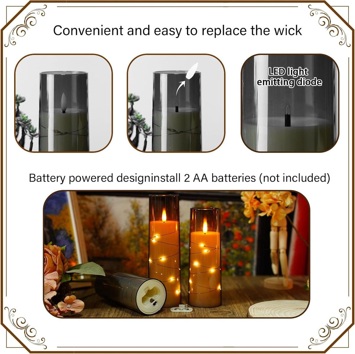 Flickering Flameless LED Candles, 9 Pcs with Embedded Star String, Acrylic LED Pillar Candles with