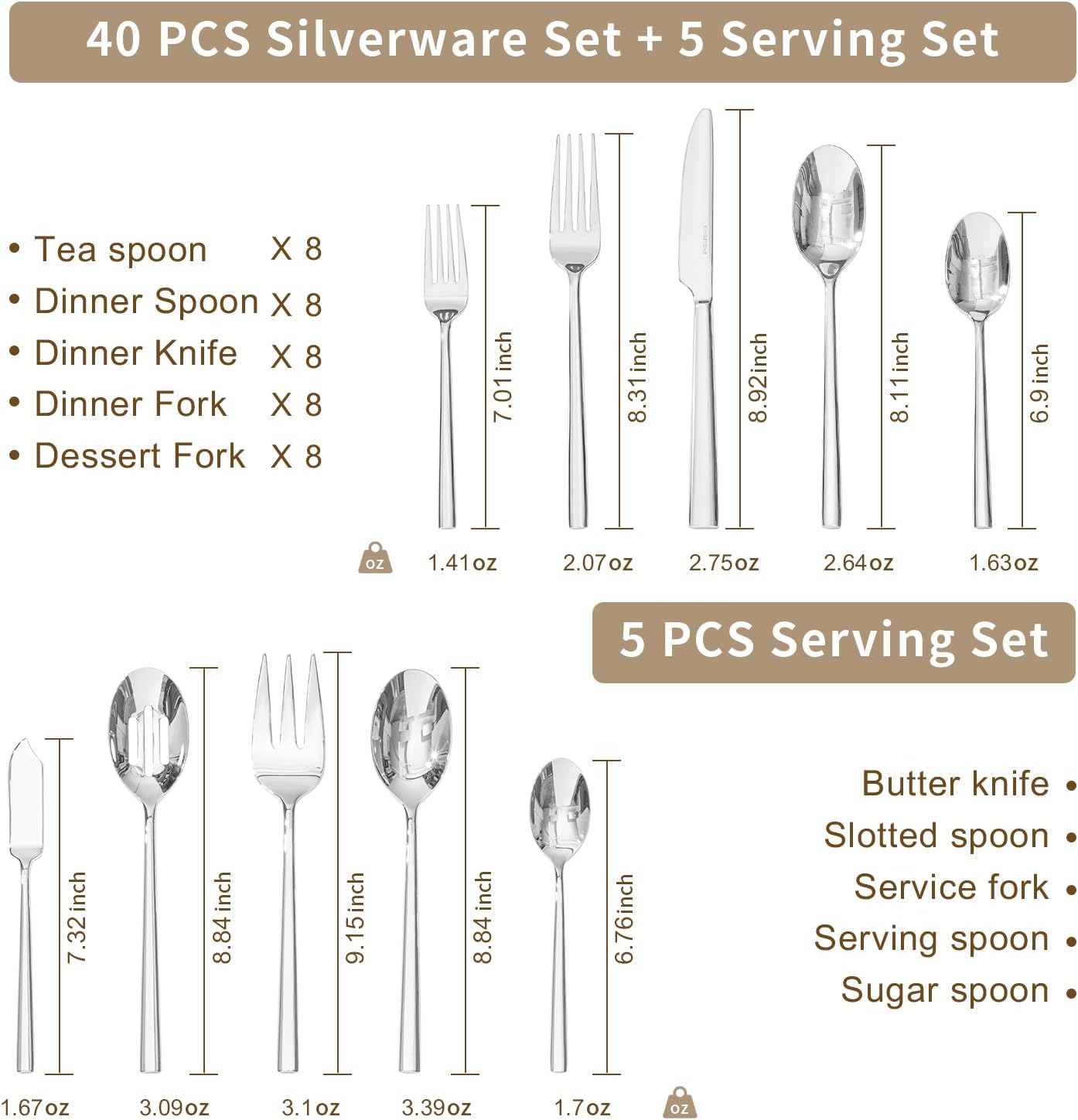 KINGSTONE Silverware Set with Serving Utensils, 45-Piece Forged Flatware Set Cutlery Set Premium