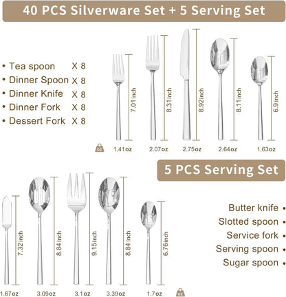 KINGSTONE Silverware Set with Serving Utensils, 45-Piece Forged Flatware Set Cutlery Set Premium
