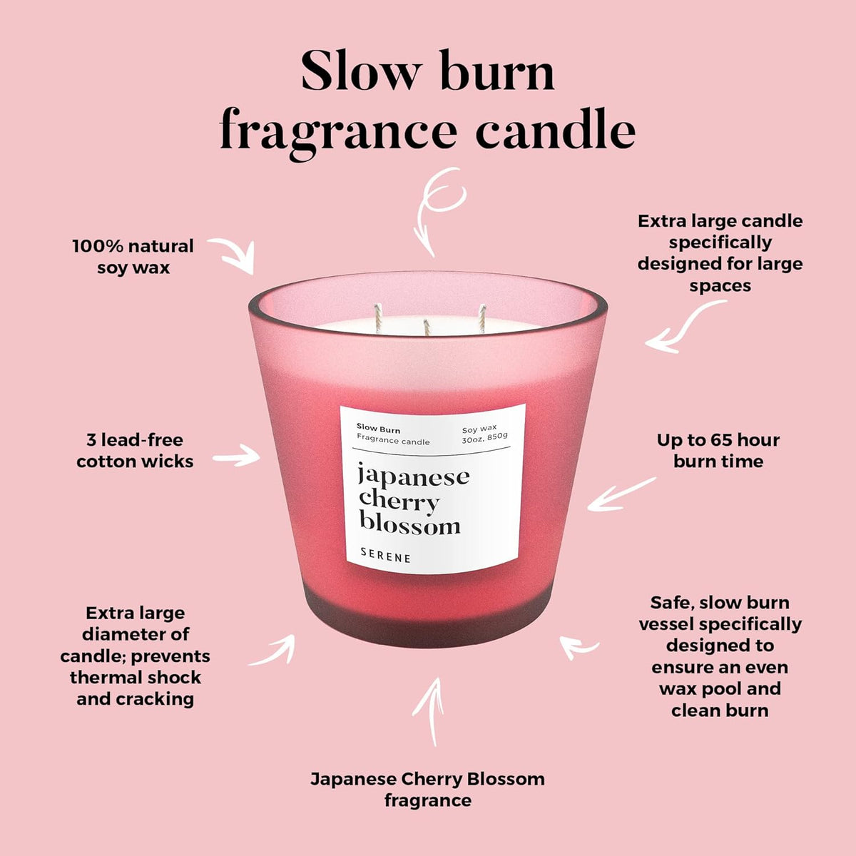 Hidden Label Large Scented Candle, Japanese Cherry Blossom, 30oz 3 Wick Huge Candle, Serene