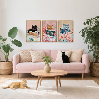 HPNIUB Framed Vintage Black Cats Canvas Wall Art, Funny Animal Reading Books Poster Printing
