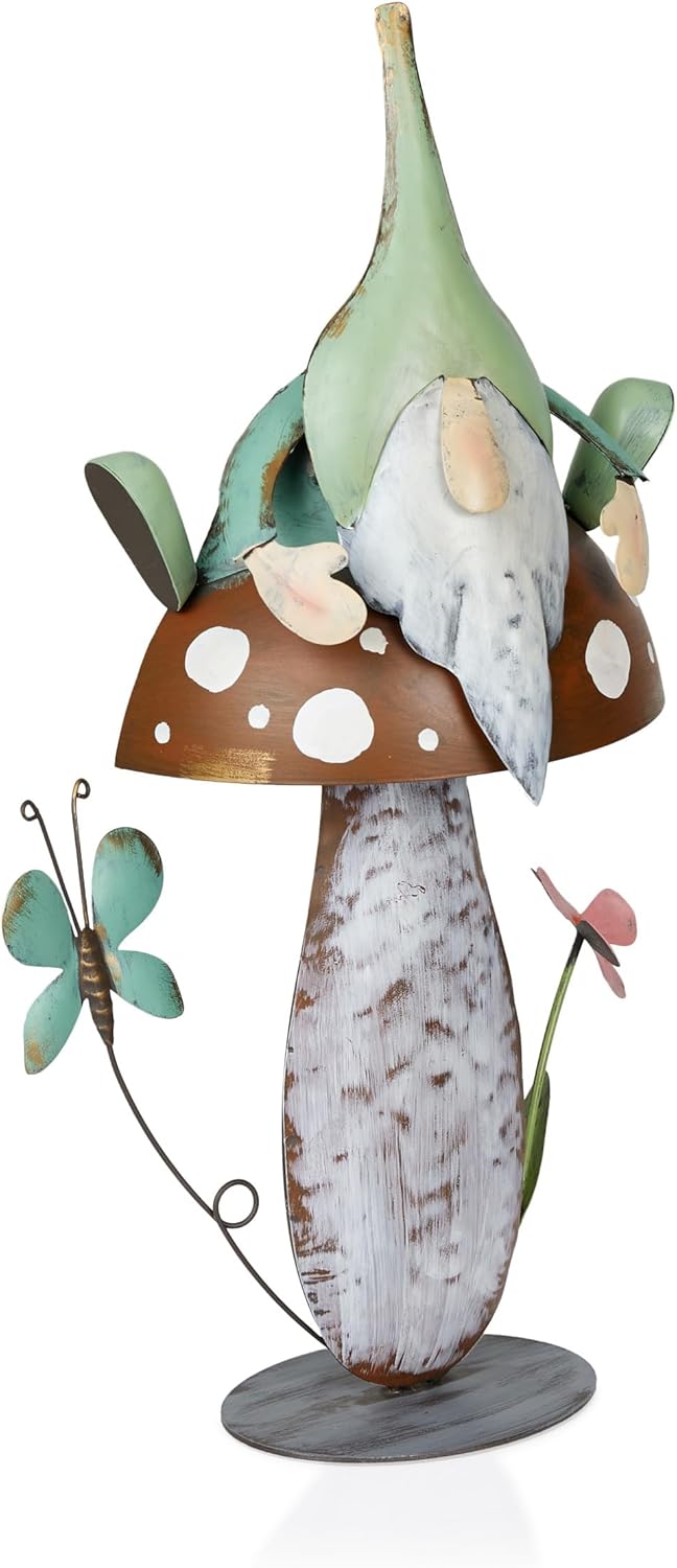 Alpine Corporation - Metal Gnome with Mushroom – 20" Tall Durable Iron Garden Statue, Whimsical