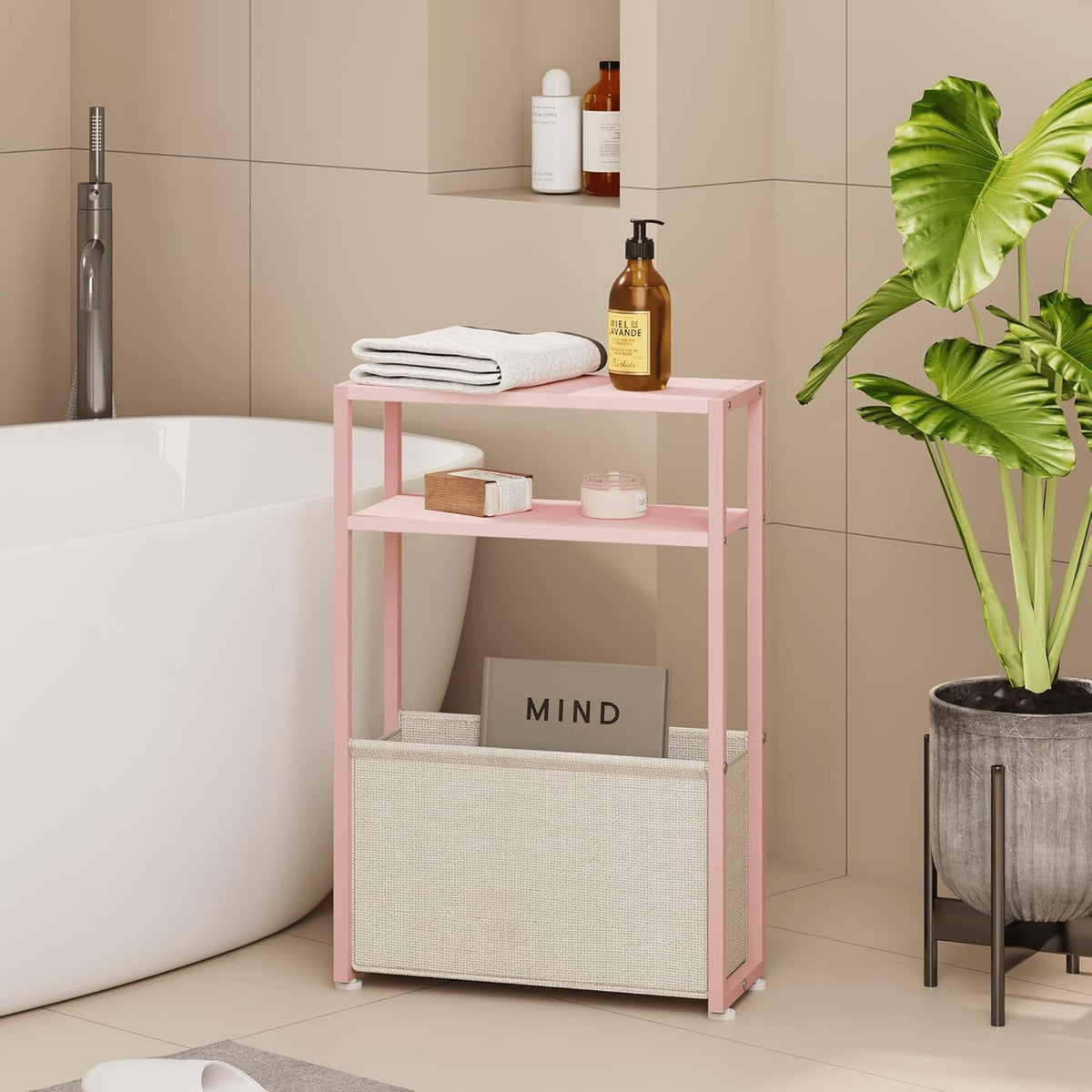 Narrow Side Table, Slim End Tables with Fabric Basket, Skinny Table for Small Spaces, Thin Bedside