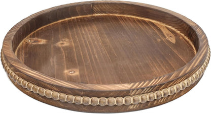 Round Burnt Wood Serving Tray with Beads, Wooden Decorative Tray for Entertaining, Decoration, and