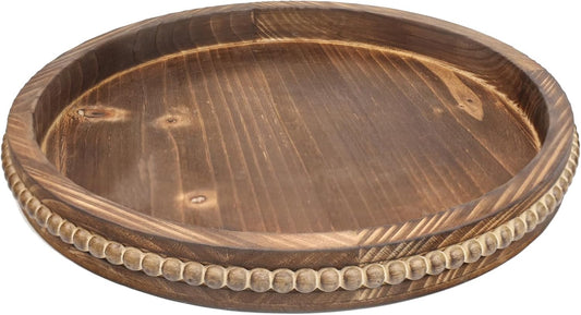Round Burnt Wood Serving Tray with Beads, Wooden Decorative Tray for Entertaining, Decoration, and