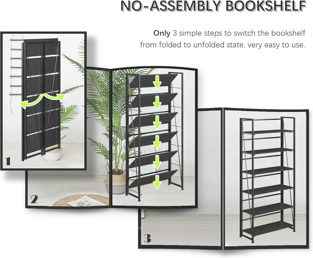 4NM No Assembly Foldable Bookshelf, 6-Shelf Collapsible Bookcase Storage for Small Spaces, 74" H