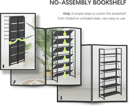 4NM No Assembly Foldable Bookshelf, 6-Shelf Collapsible Bookcase Storage for Small Spaces, 74" H