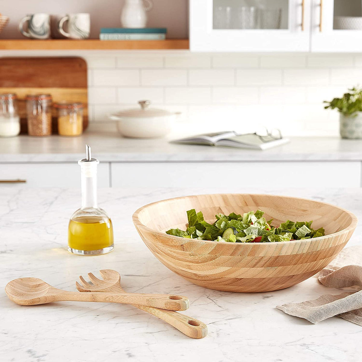 Lipper International Bamboo Wood Salad Bowls with Server Utensils, 7-Piece Set, Assorted Sizes