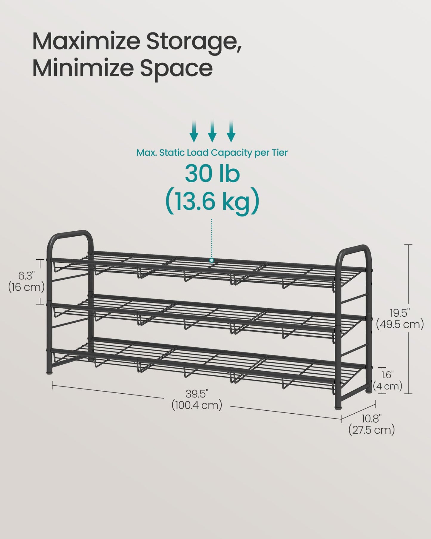 SONGMICS Stackable Shoe Rack, 3 Tier Metal Shoes Rack Storage Shelf, Holds up to 15 Pairs