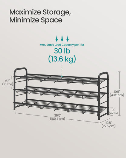 SONGMICS Stackable Shoe Rack, 3 Tier Metal Shoes Rack Storage Shelf, Holds up to 15 Pairs