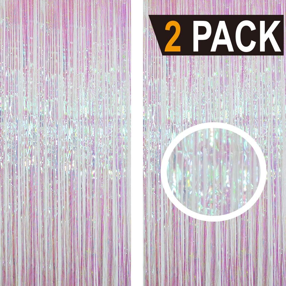 GOER 6.4 ft x 9.8 ft Metallic Tinsel Foil Fringe Curtains,Pack of 2 Party Streamer Backdrop for