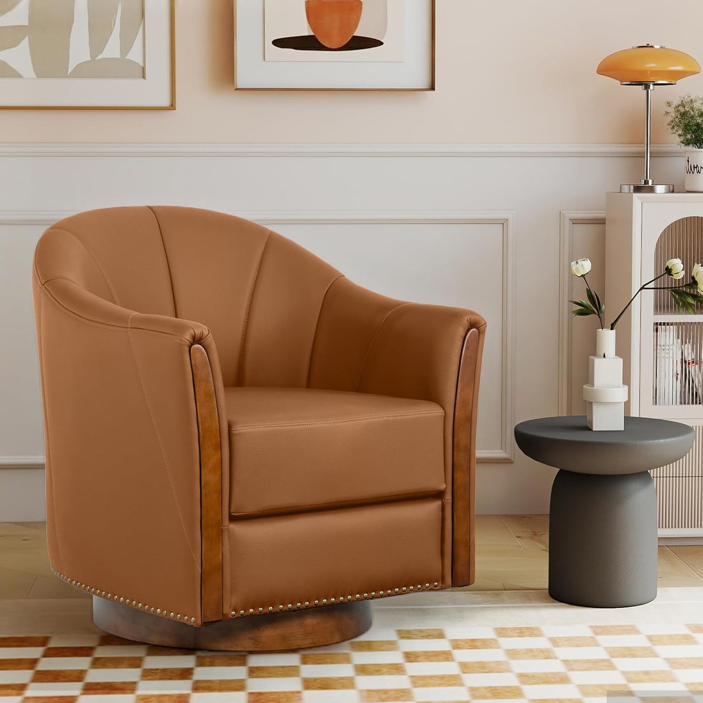 360° Swivel Accent Chair, Modern Leather Barrel Club Chair with Leather Upholstery and Sturdy Wood