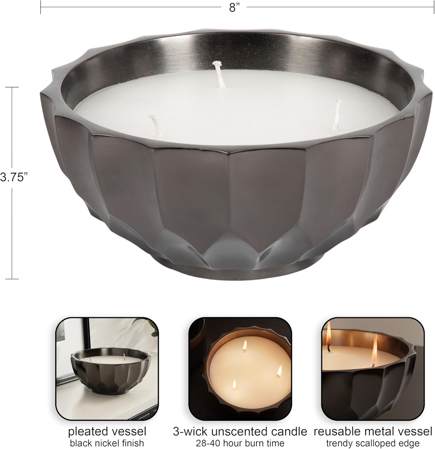 Kate and Laurel Plete Round Pleated Metal Candle Bowl, 8 Inch Diameter, Black Nickel, Modern