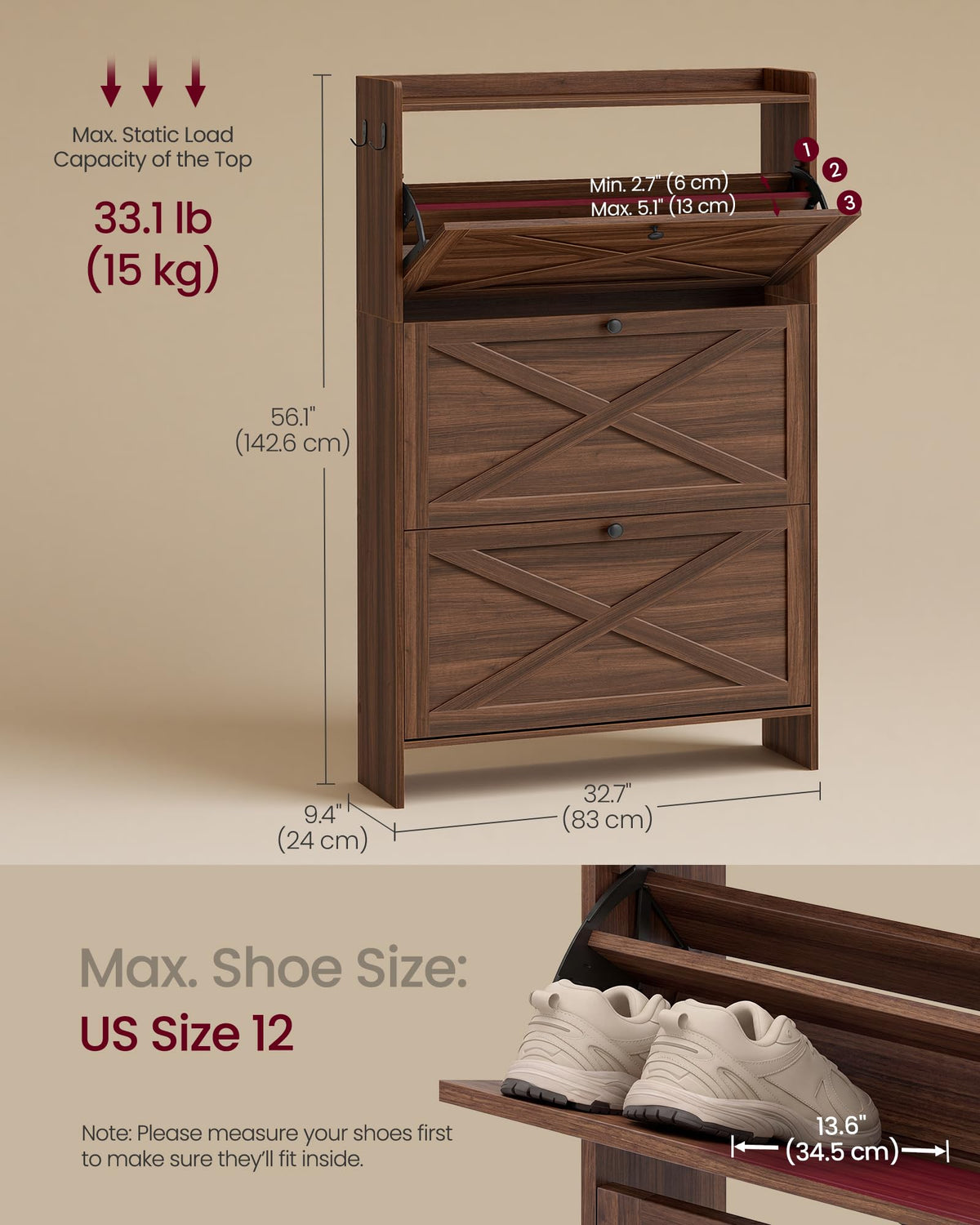 VASAGLE Shoe Storage Cabinet Organizer with 3 Flip Drawers, Freestanding Narrow Shoe Rack Cabinet