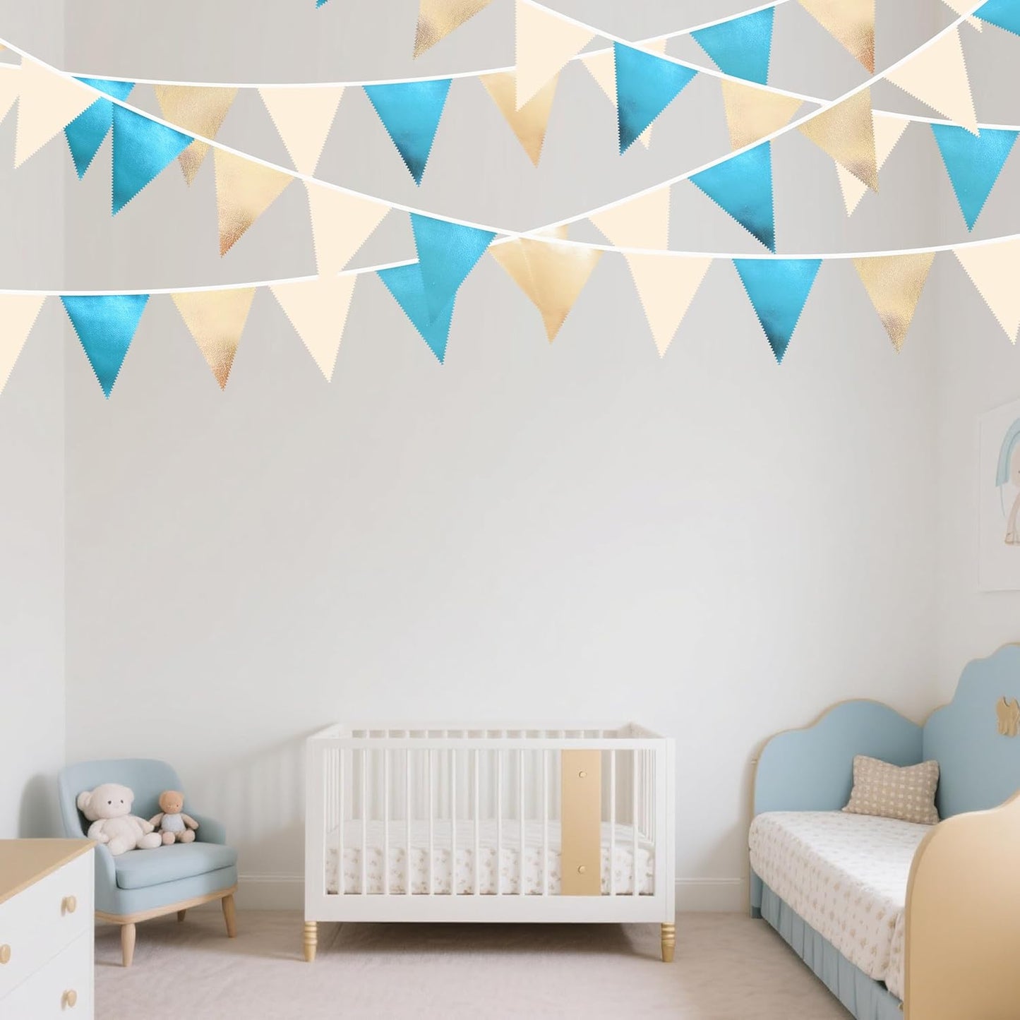 Champagne Gold Sky Blue Beige Decorations Metallic Fabric Triangle Pennant Banner Bunting Flag