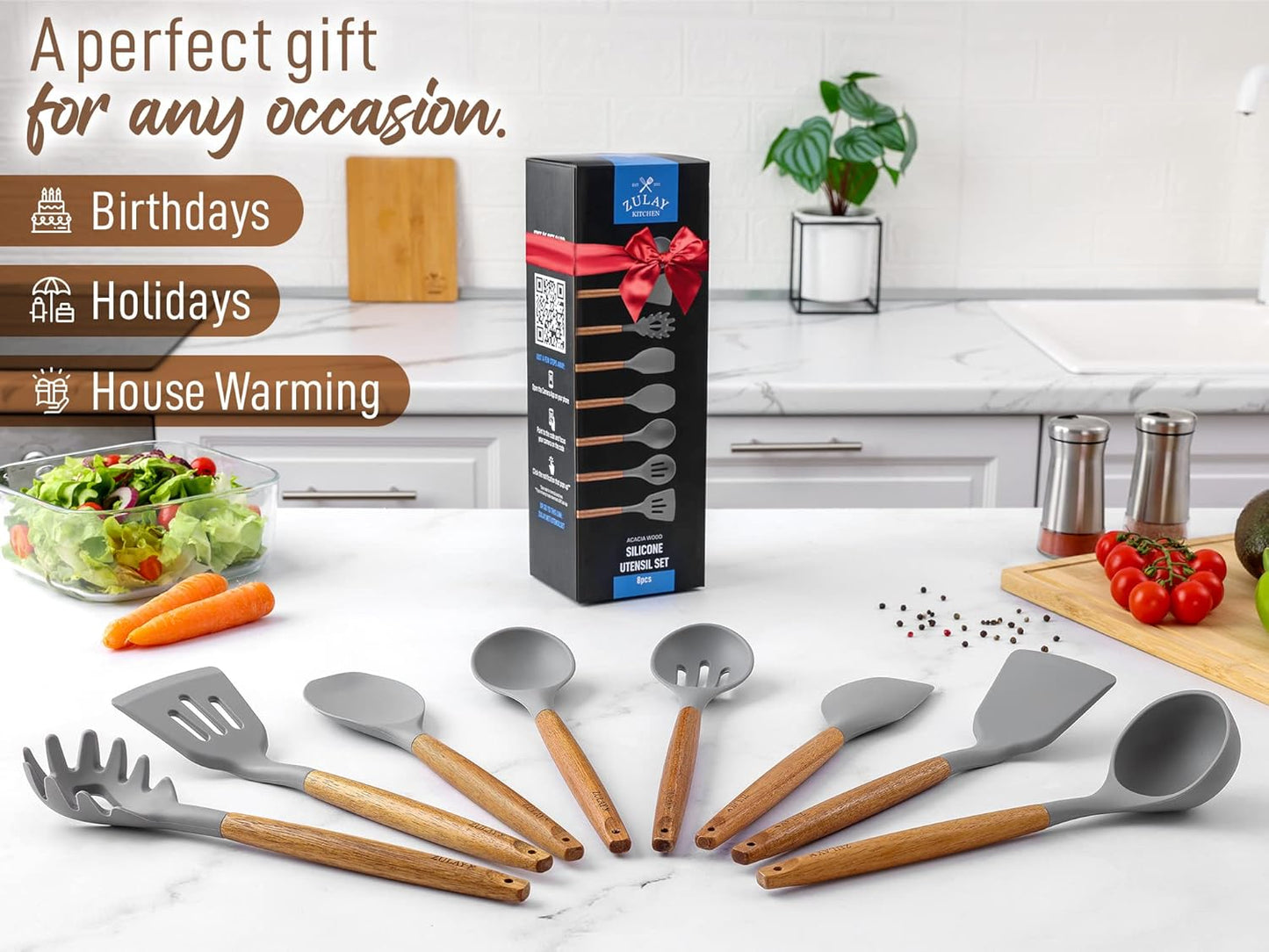 Zulay Kitchen Utensils Set Non-Stick Silicone Cooking Utensils Set with Authentic Acacia Wood