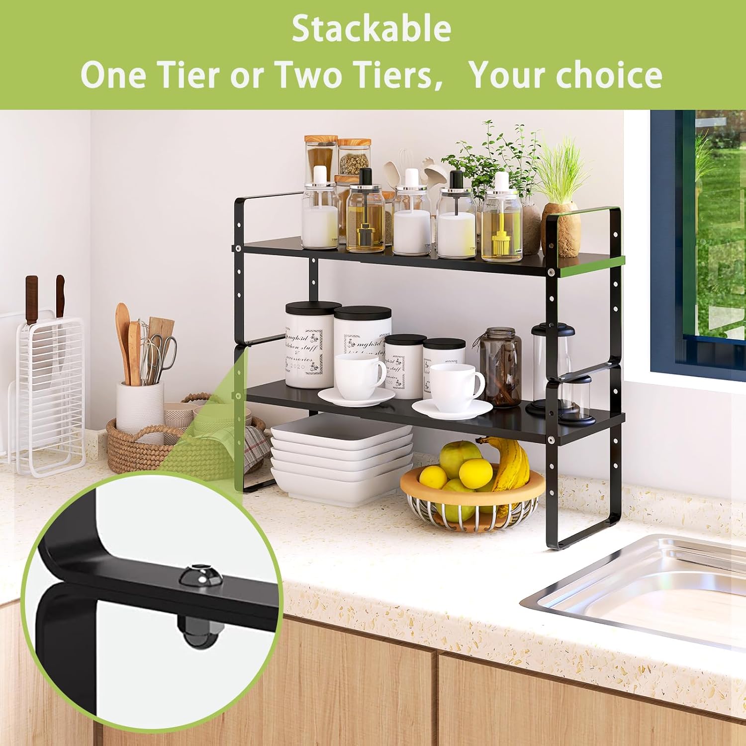 Expandable Cabinet Shelf Organizer Rack, Stackable Kitchen Countertop Organizer Storage Shelves