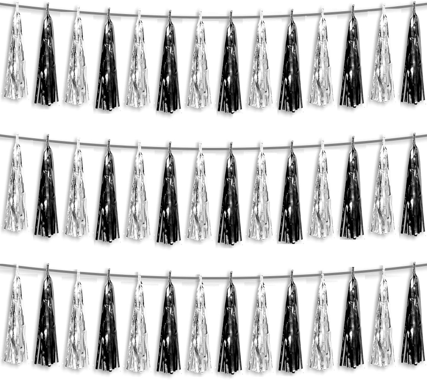 3P Black Silver Foil Fringe Metallic Tassel Streamers Banner Tassel Garland for Parade Floats