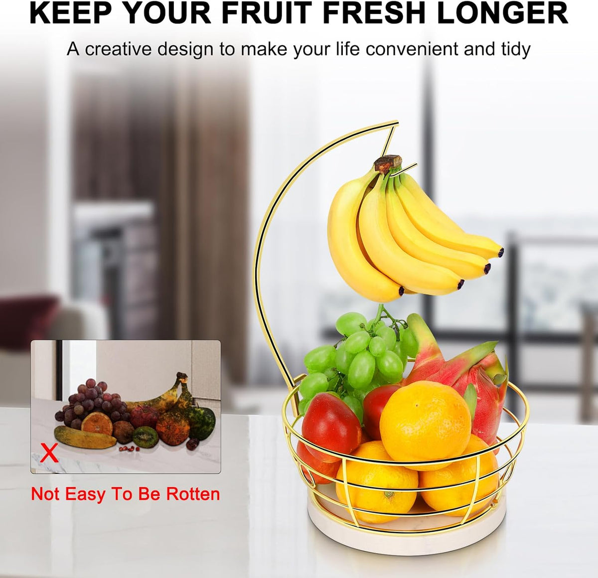 Livabber Countertop Fruit Basket Bowl with Banana Hanger, Modern Standing Fruit Vegetable Bowl