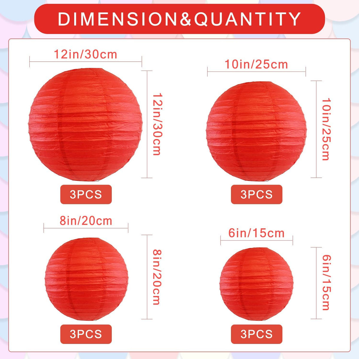 12Pcs Round Paper Lanterns Assorted Sizes (6" 8" 10" 12") for Home Decor, Restaurant, Church