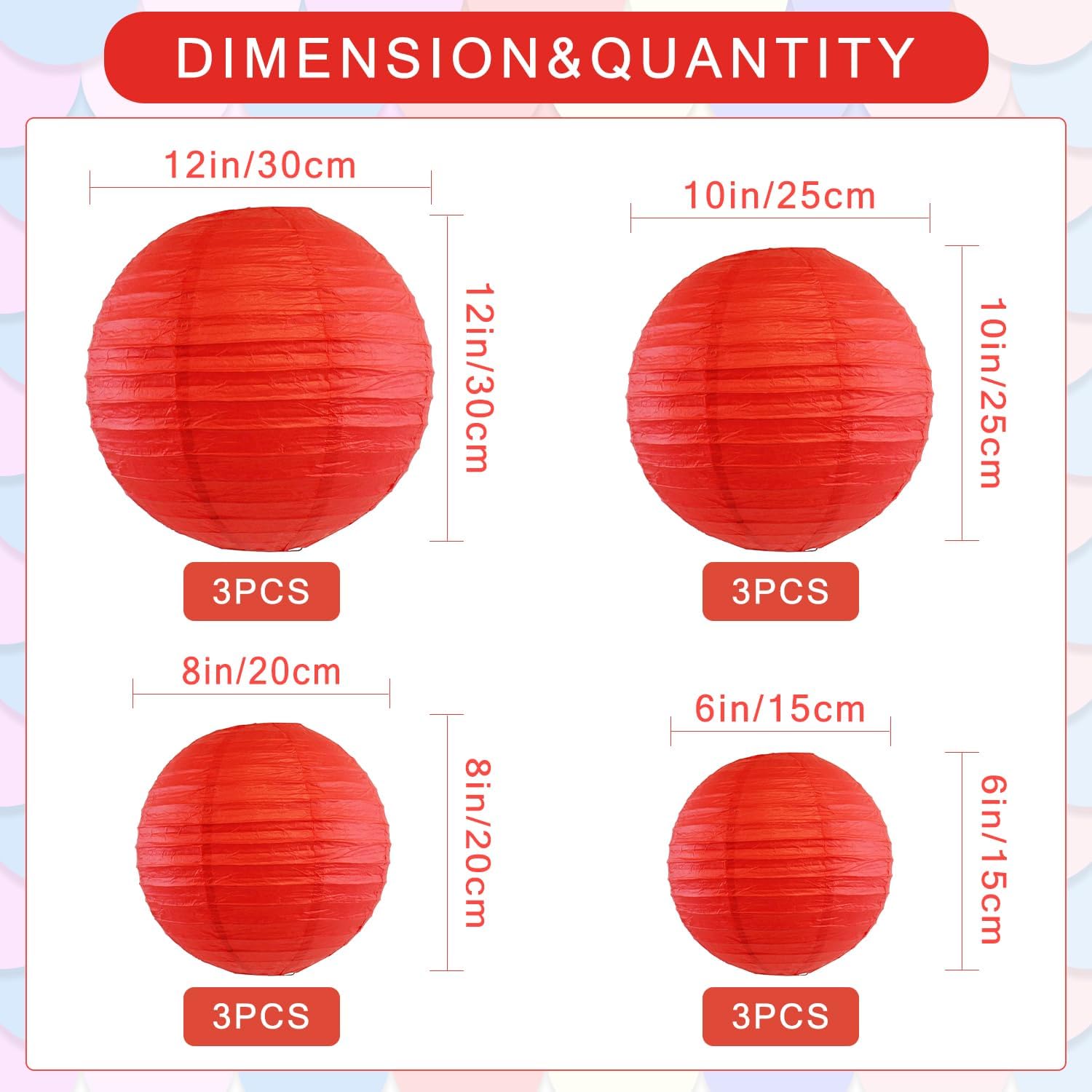 12Pcs Round Paper Lanterns Assorted Sizes (6" 8" 10" 12") for Home Decor, Restaurant, Church