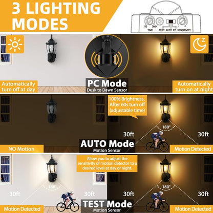 2 Pack Porch Lights Outdoor with Outlet, Motion Sensor Outdoor Wall Lights, Updated Dusk to Dawn